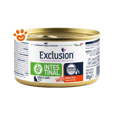 Exclusion Cat Intestinal Adult Maiale e Riso  - Exclusion Cat Intestinal Adult Maiale e Riso - Lattina Da 85 Gr