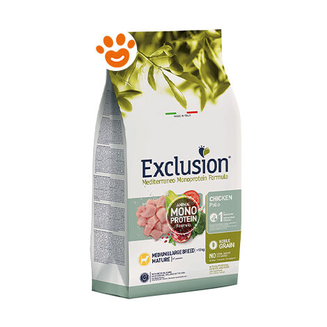 Exclusion Dog Mediterraneo Monoproteico Noble Grain Mature Medium Large Breed Pollo  - Exclusion Dog Mediterraneo Monoproteico Noble Grain Mature Medium Large Breed Pollo - Sacco Da 12 Kg