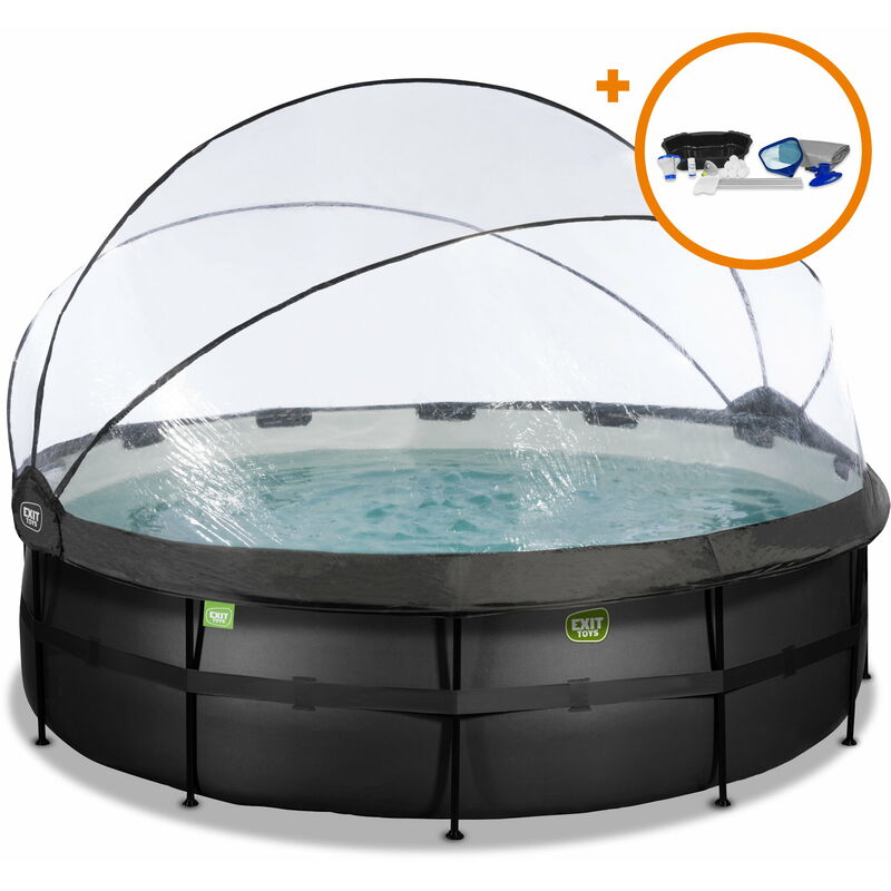 Pesce Exit Black Leather Pool 15ft X 48in With Sand Filter Pump And Dome And Accessory Set - Black