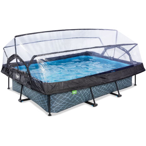 Exit Toys – Piscine tubulaire rectangulaire 300x200x65cm – Grise avec finition imitation bois – Pompe filtrante incluse – Dôme pour baignade par tous les temps
