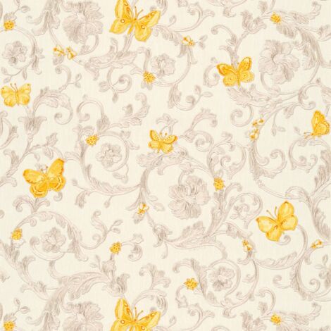Exklusive Luxus Tapete Profhome 343253 Vliestapete leicht strukturiert mit Blumen-Muster glitzernd gelb gold creme 7,035 m2