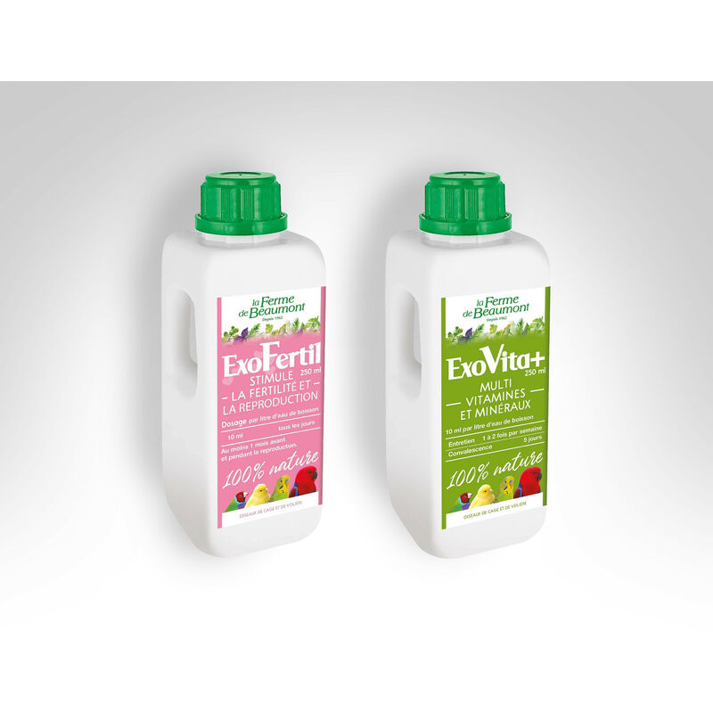 ExoVita Plus Tonifie l'organisme oiseaux exotiques et ExoFertil Favorise la reproduction oiseaux exotiques