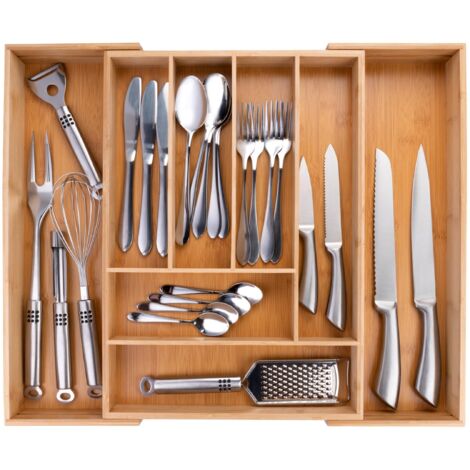 Expandable Bamboo Cutlery Tray 6-8 Compartments Kitchen Drawer Organizer