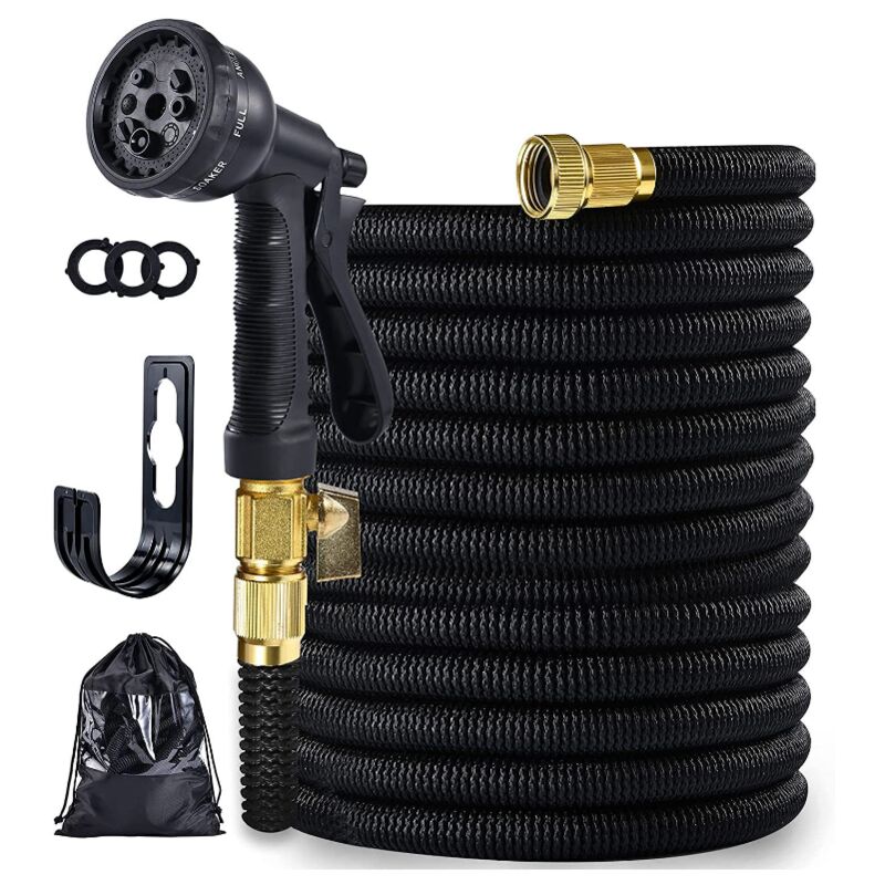 Expandable Garden Hose with 8 Pattern Gun, Heavy Duty Strap and Solid Brass Fittings, Flexible No Bend Garden Hose, Size-100ft/30m (Black)