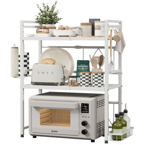 Expandable Microwave Shelf, 3-Tier Microwave Stand with Metal Spice Basket, Kitchen Roll Holder & 8 Hooks