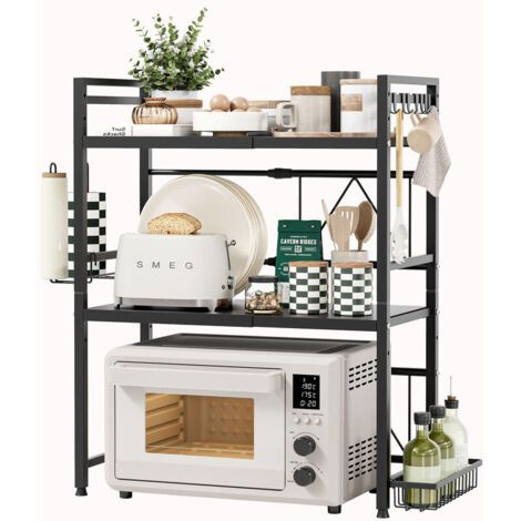 Expandable Microwave Shelf, 3-Tier Microwave Stand with Metal Spice Basket, Kitchen Roll Holder & 8 Hooks
