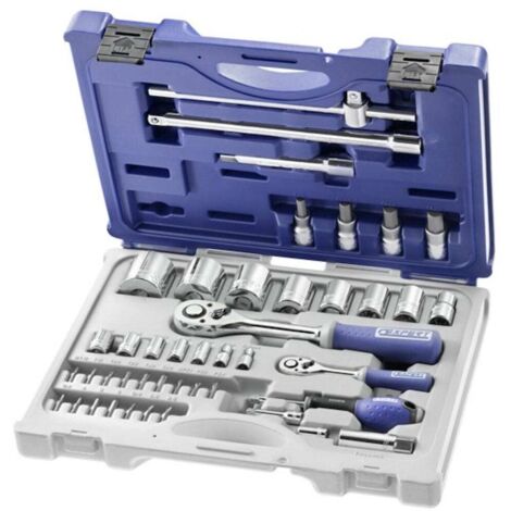 Expert – Coffret cliquet et douilles 44 pièces – Douilles 1/4'' et 1/2'' – Rallonges 130mm et 250mm – Accessoires pour mécanique