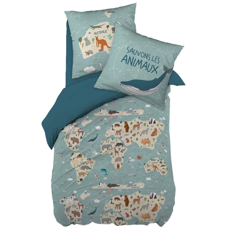 Explore - Parure de Lit Coton Motif Monde Housse de Couette 140x200cm + Taie d'Oreiller