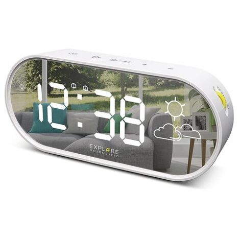 EXPLORE SCIENTIFIC OROLOGIO DISPLAY LED SPECCHIO WHITE PREVISIONI DEL TEMPO, ATTACCO USB