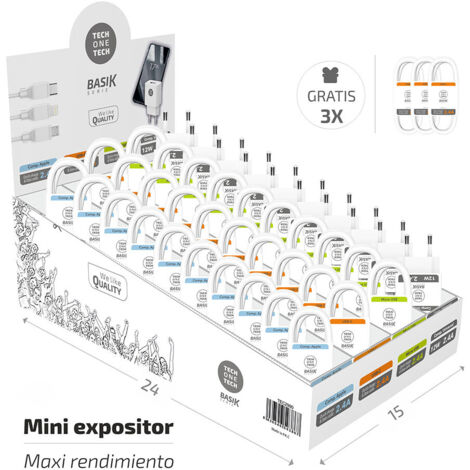 Expositor basik cables blancos 10 apple+10 usb-c +10 micro usb+10 cargadores+3 cables usb-c gratis. tech one tech