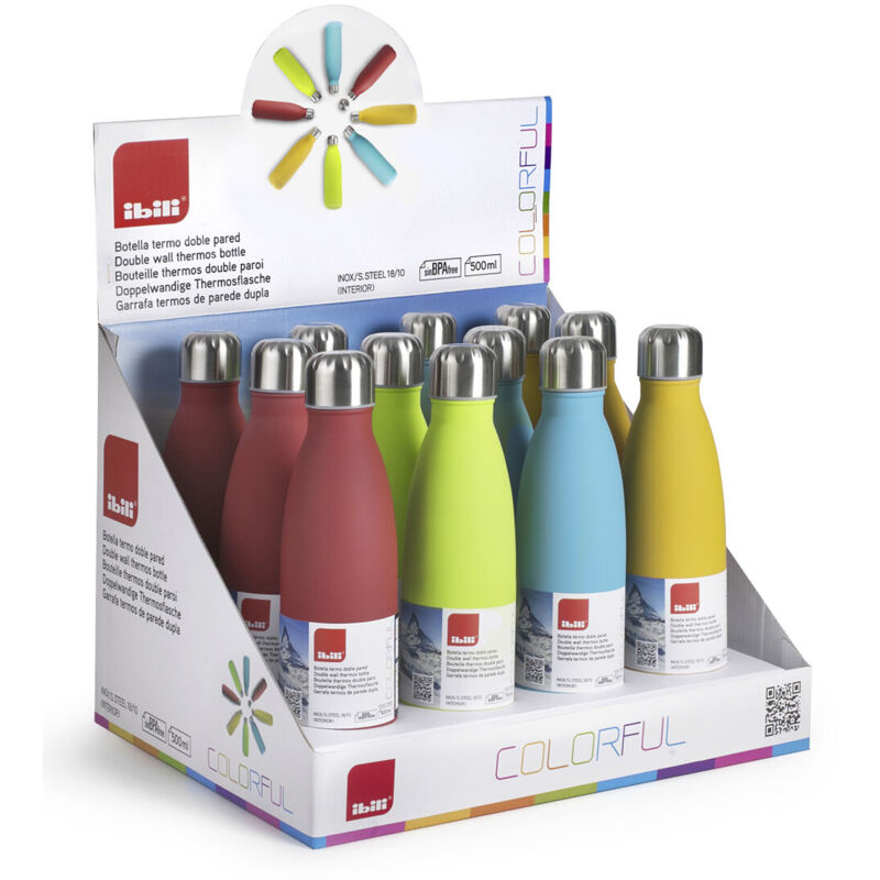 

Expositor de 12 botellas termo de pared doble sin BPA inoxidable 18/10 500 ml. (Ibili 758405)