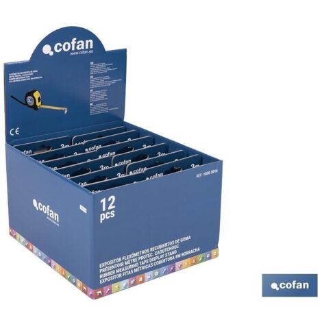expositor de flexómetros con protección de goma 16 mm x 3 m 12 uds.