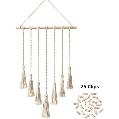 Expositor de fotos para colgar en macramé, organizador de fotos montado en la pared, decoración bohemia del hogar con 25 clips de madera, color beige