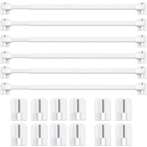 Extendable and Adjustable Metal Curtain Rods - No Drilling Required, for Windows and Cabinets - Tension Rods with Strong Adhesive Hooks (White) (6 PCS-40-70cm)