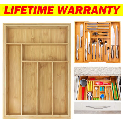 Extendable Bamboo Cutlery Tray Drawer Organizer Storage Insert Compartments Wood