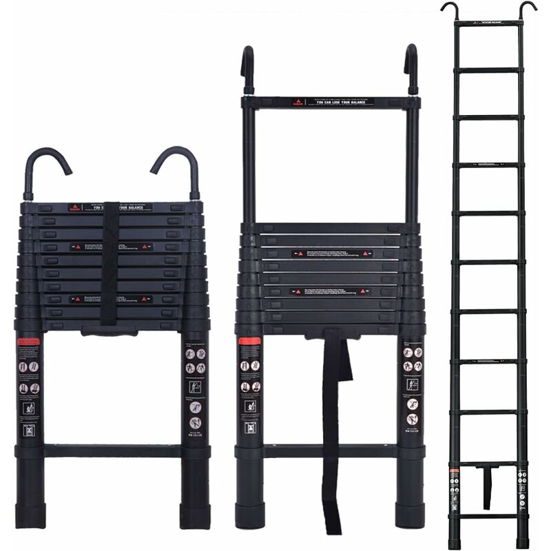 Briefness - Extendable Ladder Aluminium 3.8m Portable Straight Telescoping Ladders with 2 Hooks Multipurpose Retractable Tall Save Space for Loft
