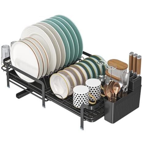 Extendable stainless steel dish drainer with drip tray and cutlery basket (black)