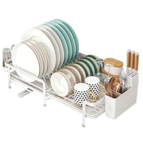 Extendable stainless steel dish drainer with drip tray and cutlery basket (white)