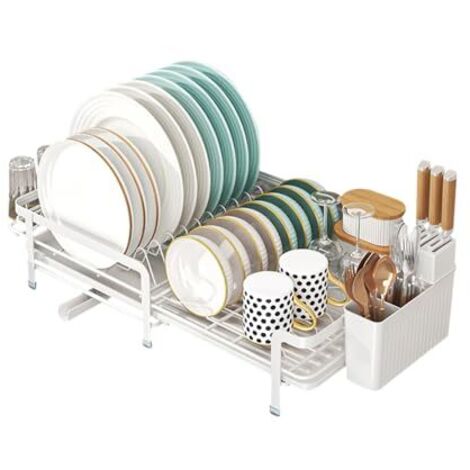 Extendable stainless steel dish rack with drip tray and cutlery basket (white)