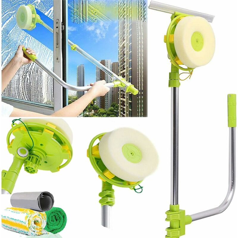 Extendable Window Squeegee with Rotating Head, High Rise Window Cleaner 0.6-1.4M Extension Pole, 2-in-1 Sponge Squeegee Telescopic Window Cleaning