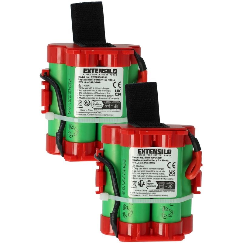 Image of EXTENSILO 2x batteria compatibile con Gardena R80, R70Li, R40, R70, R50, R40Li, R50Li, R38Li, R45Li, 124562, R75Li rasaerba 3000mAh, 18V, Li-Ion