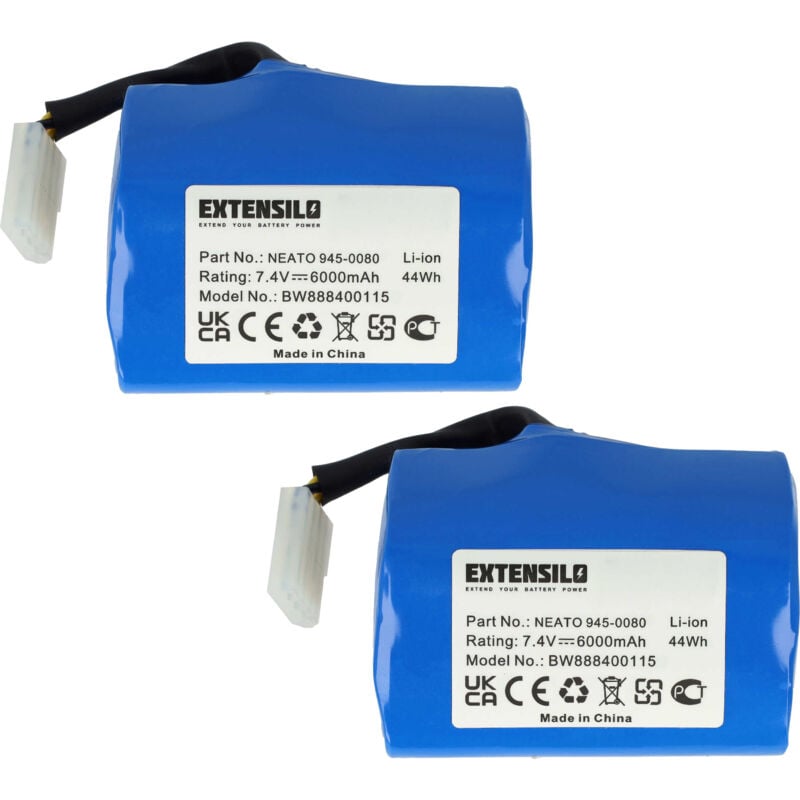 Extensilo - 2x Batteries compatible avec Neato XV-15, XV-21, XV-14 outil électrique aspirateur, robot aspirateur (6000 mAh, Li-ion, 7,4 v)