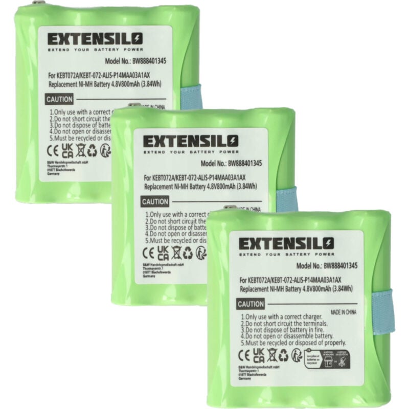 Extensilo - 3x Batteries compatible avec Motorola tlkr T3, T4, T5, T50, T6, T60, T61, T7, T8, T80 radio talkie-walkie (800mAh, 4,8V, NiMH)