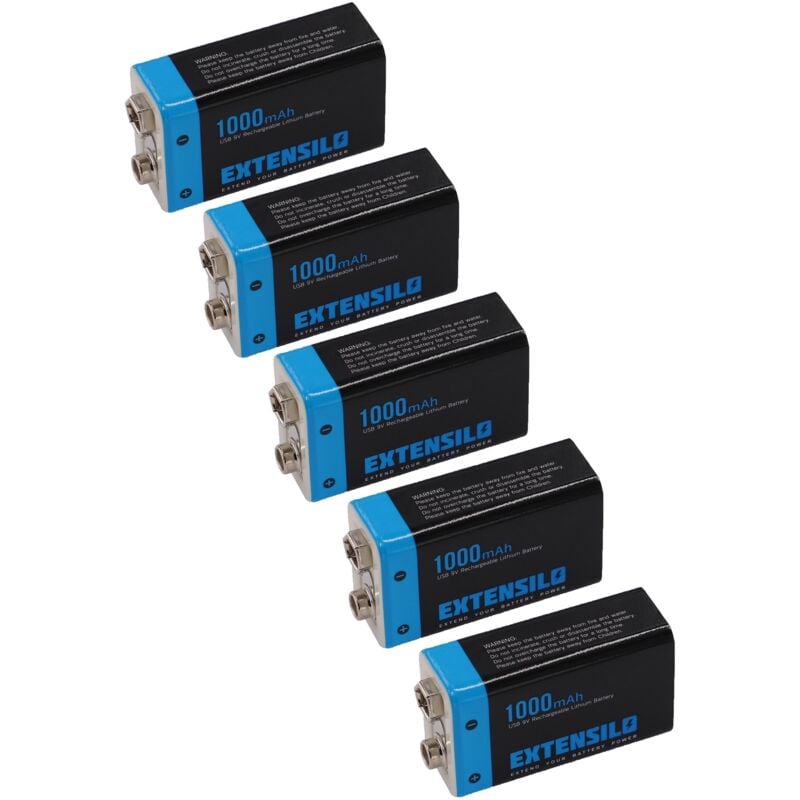 5x Piles bloc batterie 9V pour divers appareils (1000mAh, 9V, Li-ion), prête à l'emploi, avec port micro-USB - Extensilo