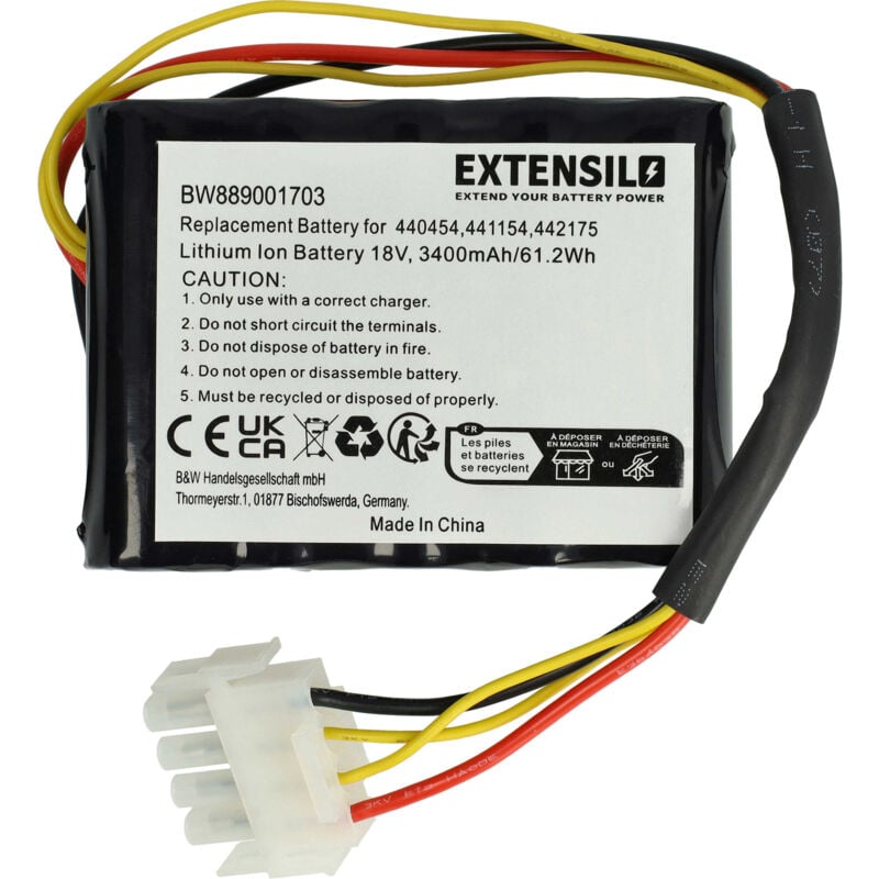 Extensilo - Battery compatible with al-ko Robolinho 500 e (119833) 02/2018 - 01/2019, 100, 41.6, 110, 1150 w Lawnmower (3400mAh, 18 v, Li-ion)