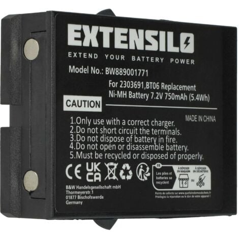 EXTENSILO Battery Replacement for Ikusi 2303691, BT06 for Industrial Radio Remote Control (750mAh, 7.2 V, NiMH) - Black