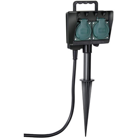 Extension 2 Prises protégées et Piquet pour Jardin, Longeur 1,5M, Noir/Bleu