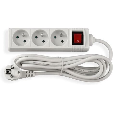 Extension cord with switch - 3 meters - Three-prong socket - Socket with indicator light - Flat plug - White