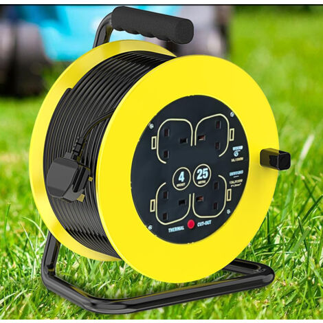 Extension cords,Extension Lead 25m Heavy Duty Cable Reel, 4 Socket Cord Reel UK Plug Socket with Thermal Cut-Out Protection 13A Fused Plug