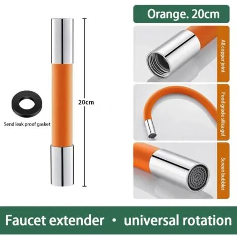 Extensión de grifo universal internacional G 1/2", giratoria 360°, a prueba de salpicaduras, para cocina y baño, naranja, 20 cm