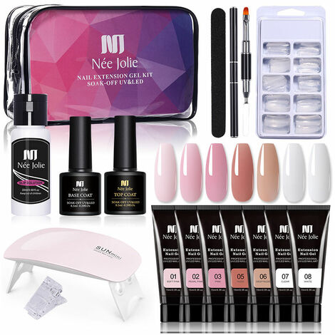Extension Gel Nail Kit - Nail Enhancement Gel 7 Couleurs Pink Nude All In One Kit avec Lampe à Ongles + Sac