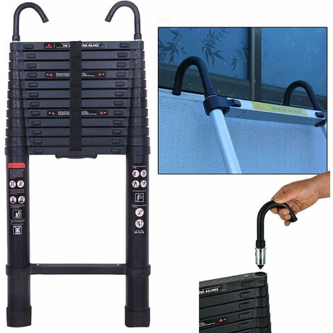 Extension Ladder w/Detachable Hook 16.5ft Telescoping Ladder Aluminum Ladder 5m, Foldable Climb Ladder with Non-Slip Rubber Feet & Locking Mechanism