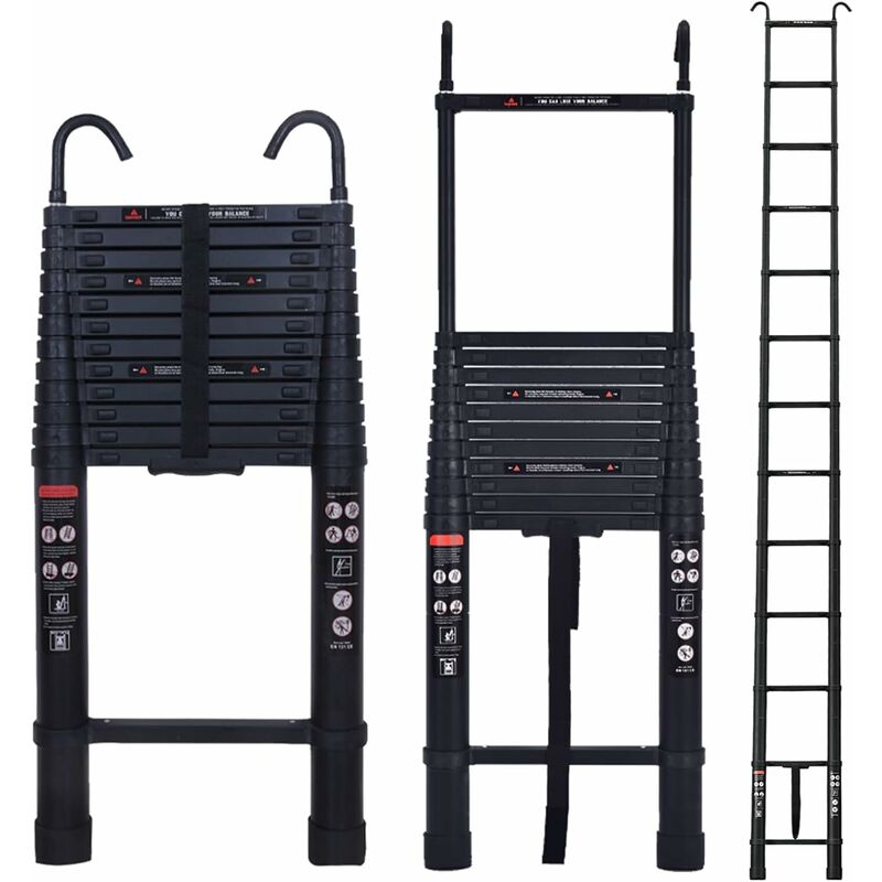 Briefness - Extension Ladder w/Detachable Hook 16.5ft Telescoping Ladder Aluminum Ladder 5m, Foldable Climb Ladder with Non-Slip Rubber Feet &