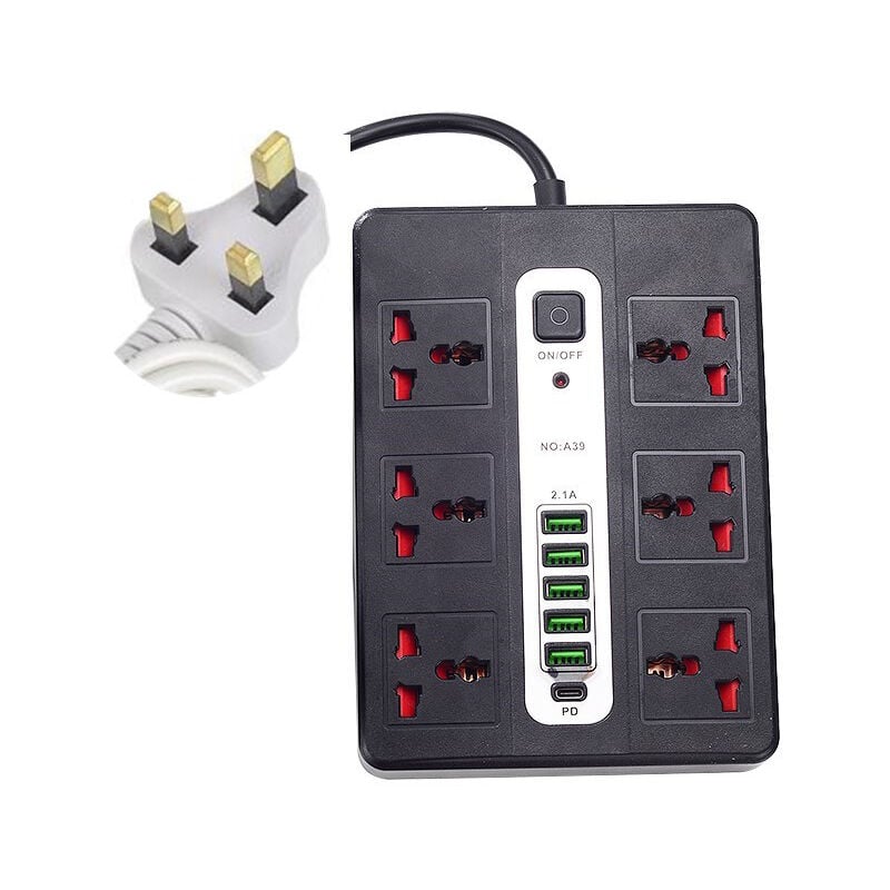 Mimiy - Extension Lead usb, Power Socket with 6 Outlet 5 usb Charging Station Power Strip Surge Protection with 2m Power Lead(black)