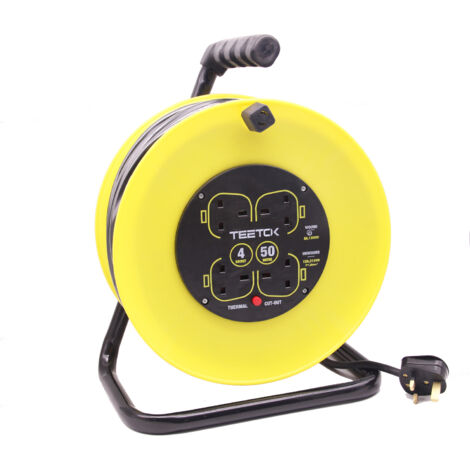 Extension leads, 13A Electrical Extension Reel, 4 Sockets Cable Reel with Winding Handle ,Thermal Cut Out, Heavy-Duty Extension Lead with 50 Metre Extension Cord - Yellow