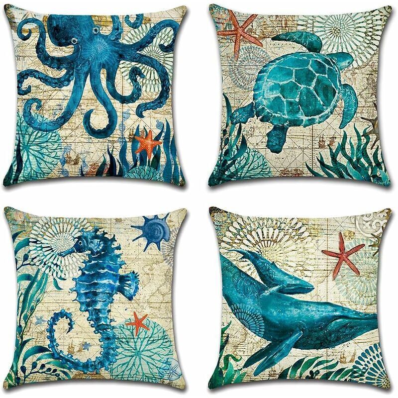 Extérieur Housse de Coussin, Lot de 4 Imperméable La Vie Marine Bleue Motif Canapé Taie d'oreiller pour Patio Jardin Salon Chambre Décoration, 45x45cm