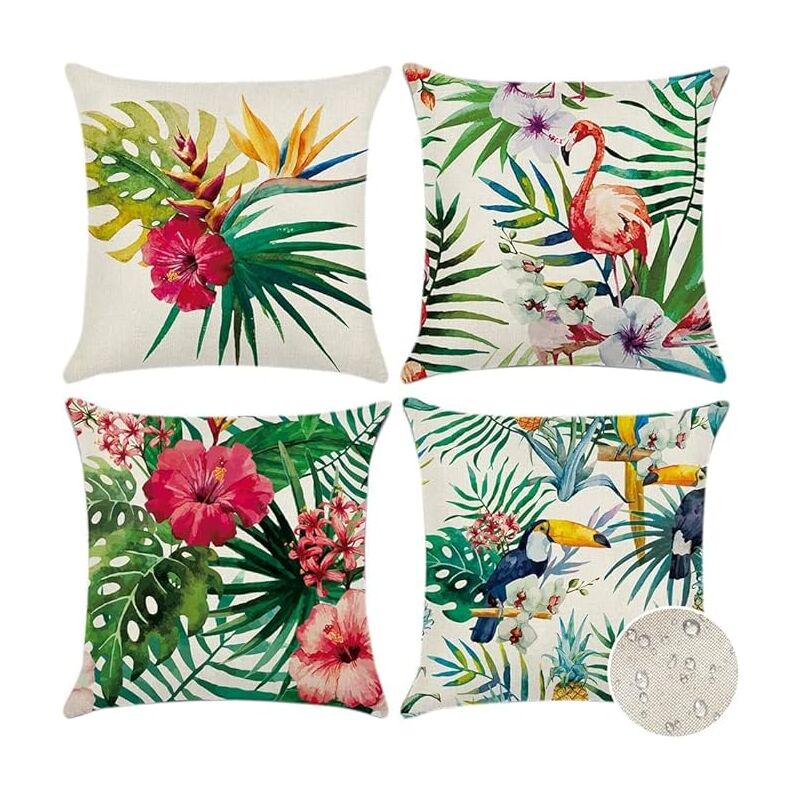 Extérieur Housse de Coussin, Lot de 4 Imperméable Plantes et Fleurs Tropicales et Oiseaux Motif Canapé Taie d'oreiller pour Patio Jardin Salon