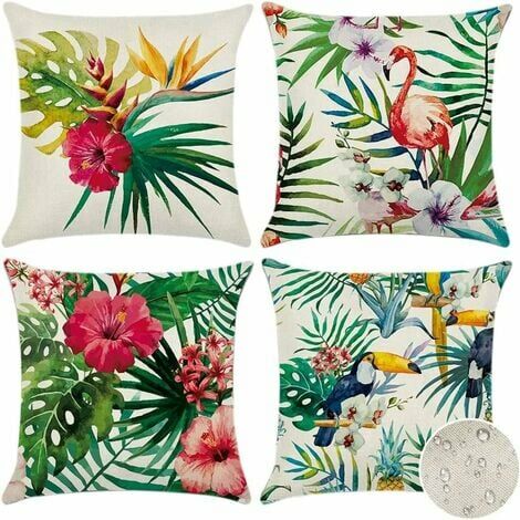 Extérieur Housse de Coussin, Lot de 4 Plantes et Fleurs Tropicales et Oiseaux Motif Canapé Taie d'oreiller pour Patio Jardin Salon Chambre Décoration, 45x45cm