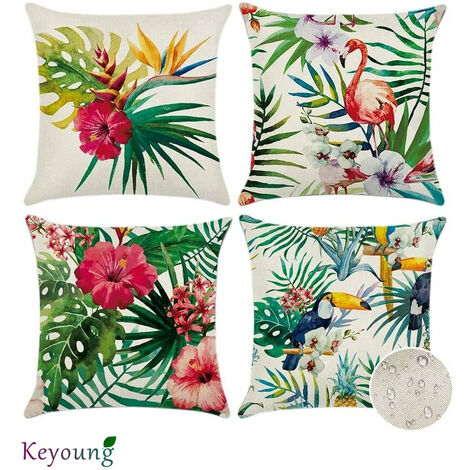 IRISFR Extérieur Housse de Coussin, Lot de 4 Plantes et Fleurs Tropicales et Oiseaux Motif Canapé Taie d'oreiller pour Patio Jardin Salon Chambre Décoration, 45x45cm -Keyoung