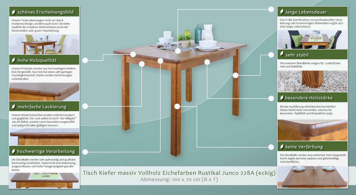 Tisch Kiefer Massiv Vollholz Eichfarben Rustikal Junco 228a Eckig 100 X 70 Cm B X T Sg Dr Stocl 228a Ei