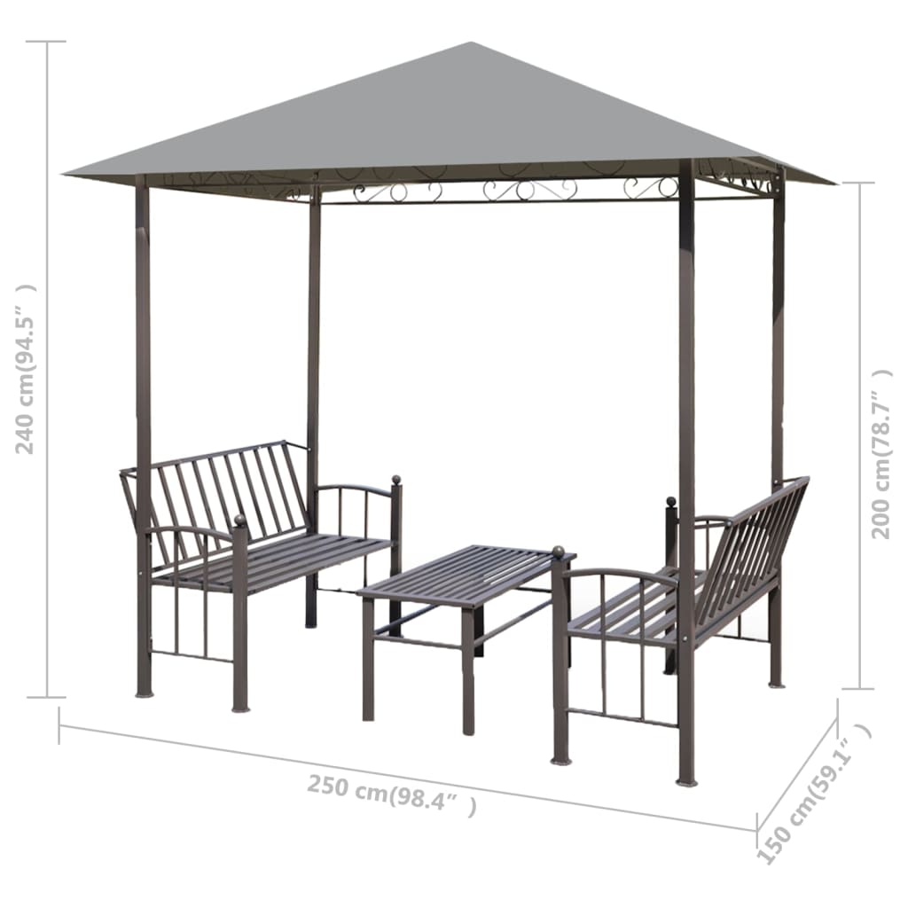 Pérgola de jardín con mesa y bancos 2,5x1,5x2,4 m gris