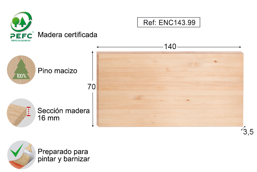 Tablero de madera maciza de pino para escritorio (140x70cm), 3,5 cm