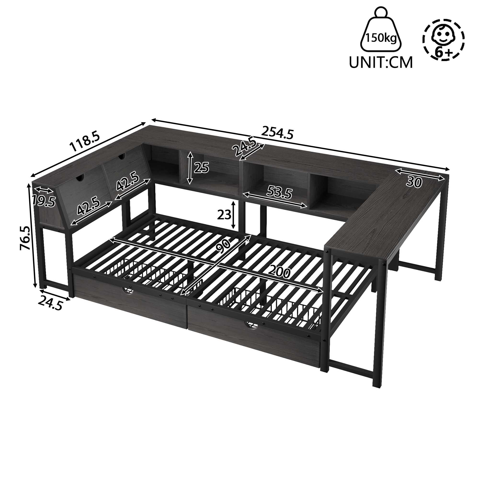 Schéma de la structure avec les deux tiroirs sous le lit