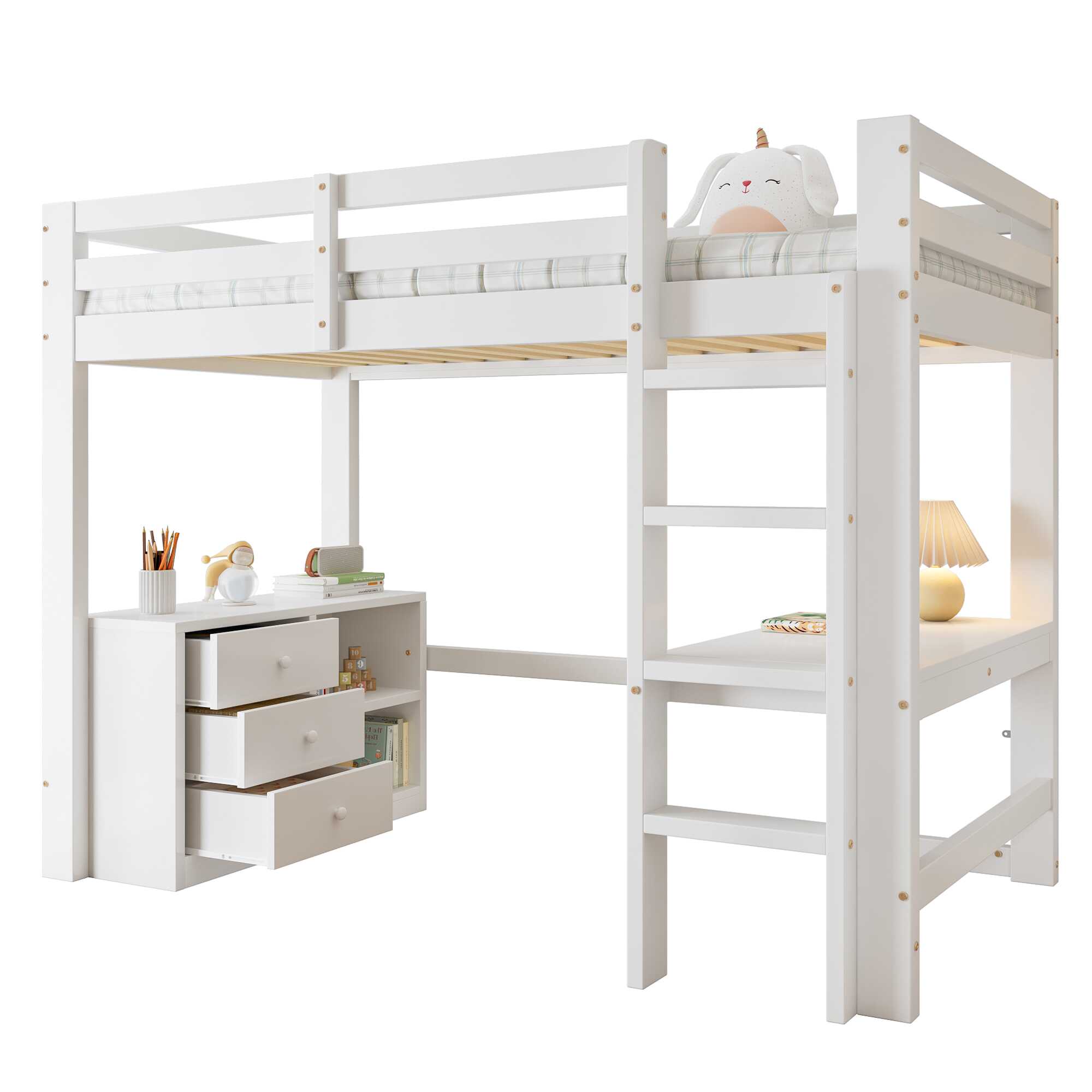 Meuble à trois tiroirs et étagère ouverte sous le lit mezzanine