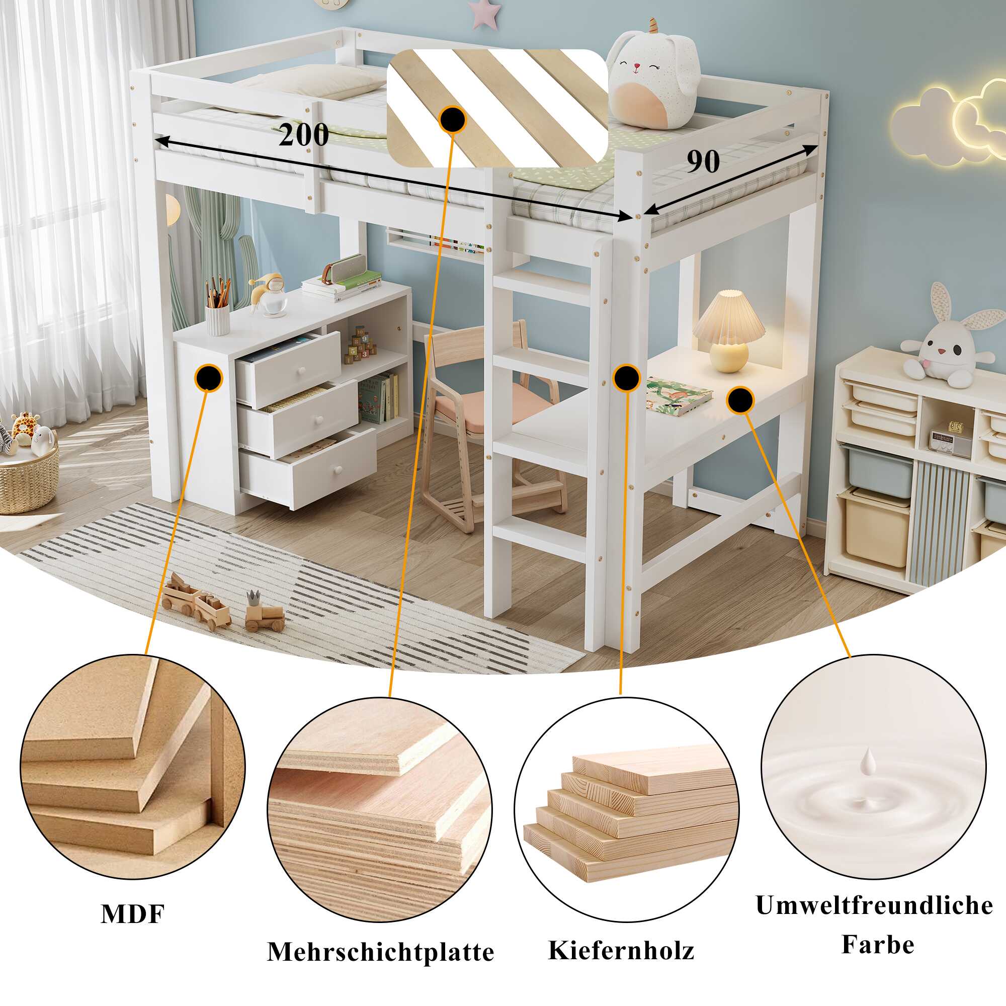 Détails des matériaux MDF, contreplaqué et pin du lit mezzanine