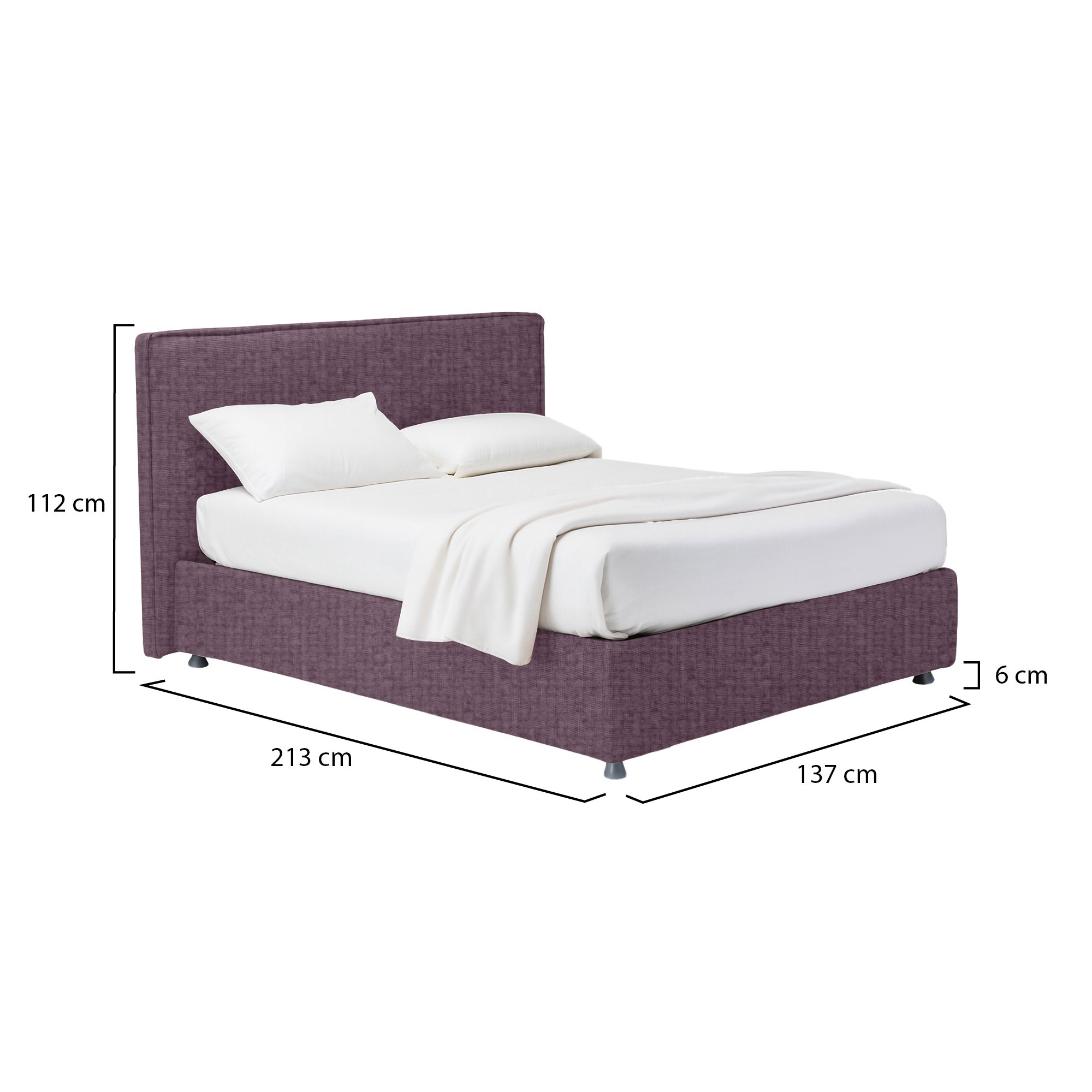 Letto piazza e mezza in tessuto viola con contenitore e struttura in legno nobilitato